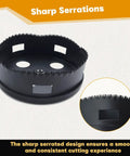 Heavy Duty Multi Tool Hole Saw Blade Kit With Fast Swap Mount For Butter Smooth Cuts In Wood Metal And Drywall No Sweat Assembly Pro Grade Carbide Steel cuts through hard materials, featuring sharp serrations.