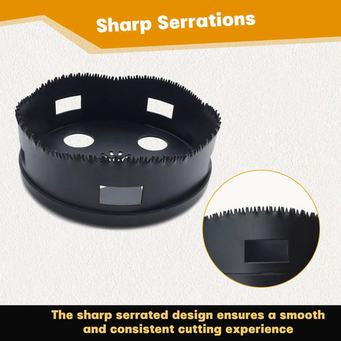 Heavy Duty Multi Tool Hole Saw Blade Kit With Fast Swap Mount For Butter Smooth Cuts In Wood Metal And Drywall No Sweat Assembly Pro Grade Carbide Steel cuts through hard materials, featuring sharp serrations.