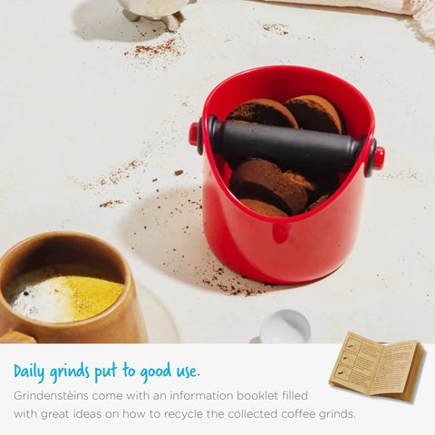 Grindenstein Espresso Knock Box Sturdy Compact Space Saving Kitchen Sidekick Red Durable Rubber Sleeve Protects Handle Top Rack Dishwasher Safe Easy Grounds Dump and Recycle Ideas For Garden Fertilizer Included