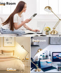 Brass Vintage Desk Lamp With USB Port, Dimmable Touch Control, 3 Color Modes in different home settings, adjustable arm visible.