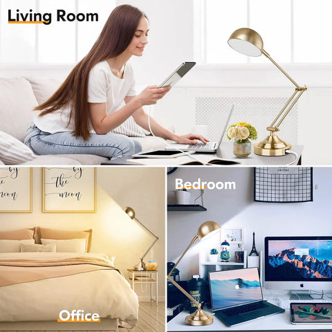 Brass Vintage Desk Lamp With USB Port, Dimmable Touch Control, 3 Color Modes in different home settings, adjustable arm visible.