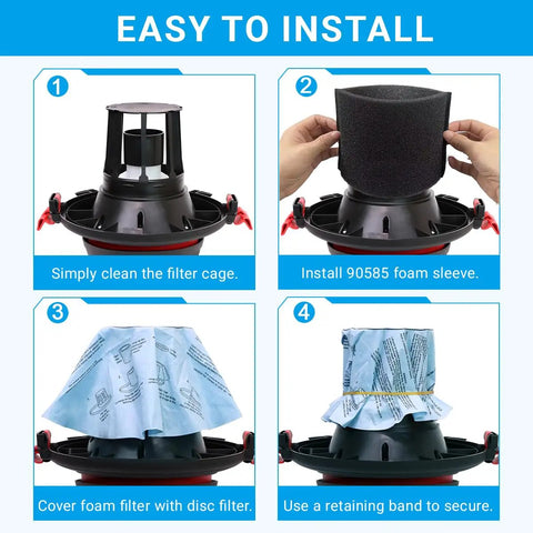 Four-step installation of Eight Pack Reusable Dry Filters With Foam Sleeve Kit For Heavy Duty Five Gallon And Up Wet Dry Vacuums.