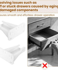 Smooth Sailing Kitchen Drawer Rail Bracket Replacement Set With Heavy Duty Nylon Side Track Brackets and Rear Backplate to Cure Janky Stuck Cabinet Slides in Crisp White Plastic with a drawer.