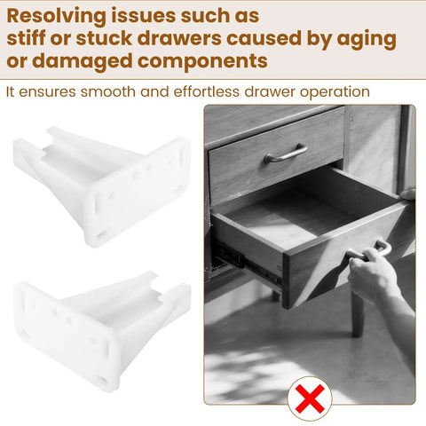 Smooth Sailing Kitchen Drawer Rail Bracket Replacement Set With Heavy Duty Nylon Side Track Brackets and Rear Backplate to Cure Janky Stuck Cabinet Slides in Crisp White Plastic with a drawer.