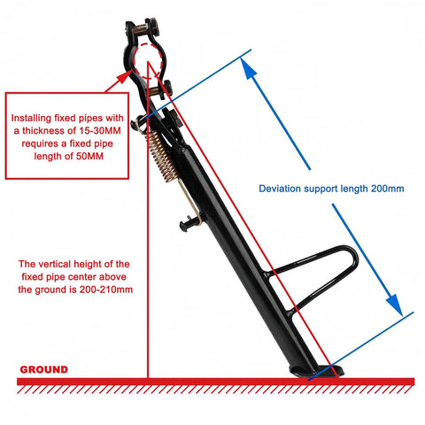 Side view of Heavy Duty Iron Kickstand With Mounting Bracket For Dirt Bikes Scooters Mopeds Mini Bikes, showing dimensions.