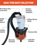Dustopper 5 Gallon Heavy Duty Bucket For Shop Vac Systems integrated with flexible hose and labeled features for dust collection.
