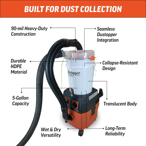 Dustopper 5 Gallon Heavy Duty Bucket For Shop Vac Systems integrated with flexible hose and labeled features for dust collection.