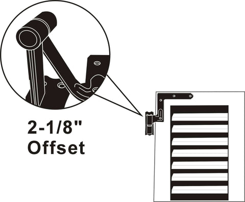 Diagram of Blind Shutter Hinge For Wood Frame And Brick, Steel Construction With 2-1/8 Inch Offset, Powder Coated Matte Black Finish