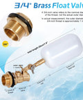 Solid Two Pack Of 3/4 Inch Brass Float Valve With Auto Fill Mechanism For Pool And Pond Water Level Control featuring float and valve dimensions.