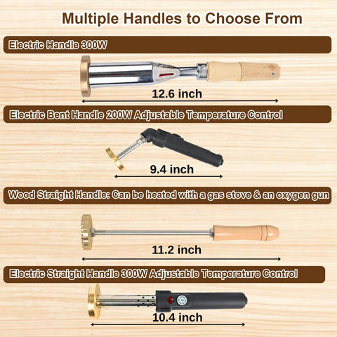 KAINSY branding iron set; collage of four handles with length labels 12.6, 9.4, 11.2, 10.4 in.