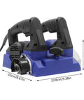 Heavy Duty Electric Wall Planer With A Hella Potent 1300W Motor And Razor Blades For Scraping Putty And Wall Paint Fast 1000 To 4000 Rpm Adjustable Angle Roller And Sturdy Carry Case In Blue, showing handles and dimensions.