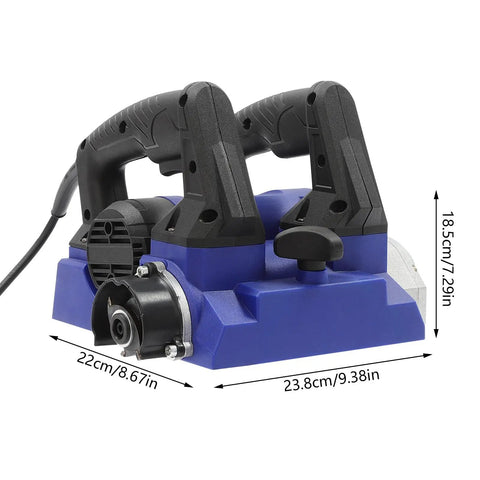 Heavy Duty Electric Wall Planer With A Hella Potent 1300W Motor And Razor Blades For Scraping Putty And Wall Paint Fast 1000 To 4000 Rpm Adjustable Angle Roller And Sturdy Carry Case In Blue, showing handles and dimensions.