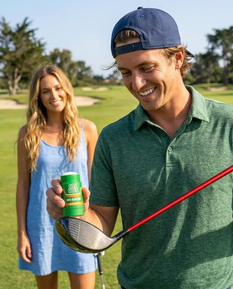 Man applying Anti Slice Golf Rub For Drivers And Hybrids Fix Your Slice Instantly Hit Straighter And Longer Drives on golf club