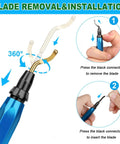 Front view of blue 3D‑print deburring tool with 11pc high-speed steel blades; insets show blade removal and insertion.