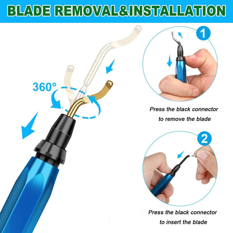 Front view of blue 3D‑print deburring tool with 11pc high-speed steel blades; insets show blade removal and insertion.