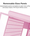 Modern Gaming Pc Case Featuring Panoramic Glass And Sleek Dual Chambers Built For Stress Free Atx Builds Fueled By Lightning Airflow Through Tidy Wire Runs Includes A Flossy PCIe 4.0 Riser Cable In Strawberry Pink showing removeable tempered glass panels for airflow.