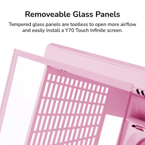 Modern Gaming Pc Case Featuring Panoramic Glass And Sleek Dual Chambers Built For Stress Free Atx Builds Fueled By Lightning Airflow Through Tidy Wire Runs Includes A Flossy PCIe 4.0 Riser Cable In Strawberry Pink showing removeable tempered glass panels for airflow.