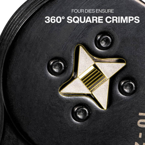 Close-up of Ferrule Crimping Tool With Built In Ratchet For 10 To 22 AWG Wire Terminals, showing square die for 360 degree connections.