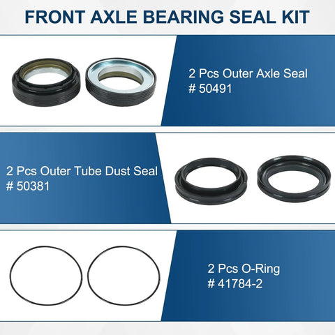 Ford Front Dana 50/60 Axle Seal Kit with outer axle seals, outer tube dust seals, and O-rings for 1998-2004 Ford Super Duty 4x4