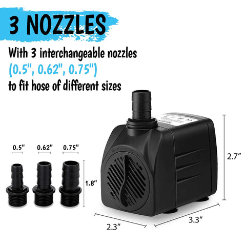 Ultra Quiet 400GPH Submersible Pump 25W High Efficiency Water Pump 1500 Liter Per Hour 6.56 Feet Lift With 3 Nozzles in black