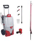 Heavy Duty 35L Electric Sprayer On Wheels With 5M Telescopic Wand, 18V Battery, 3 Speed Settings, Up To 58 PSI, 6M Hose, Weed Sprayer Kit For Lawn And Garden displayed with accessories