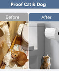 Paw Proof Toilet Paper Protector Cover In White Designed To Keep Sneaky Cats And Goofball Dogs From Messing With Your Paper Rolls Anywhere Around The House Or Apartment Area. Before and after installation contrast.