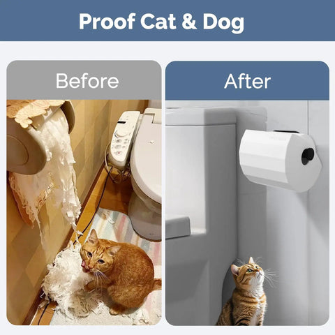 Paw Proof Toilet Paper Protector Cover In White Designed To Keep Sneaky Cats And Goofball Dogs From Messing With Your Paper Rolls Anywhere Around The House Or Apartment Area. Before and after installation contrast.
