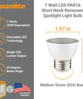 LED PAR16 Dimmable Short Neck Recessed Spotlight Bulb 7W 50W Halogen Replacement, 500 Lumens, E26 Base, product features diagram