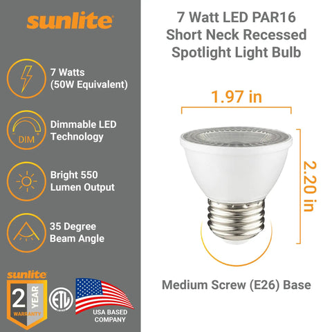 LED PAR16 Dimmable Short Neck Recessed Spotlight Bulb 7W 50W Halogen Replacement, 500 Lumens, E26 Base, product features diagram