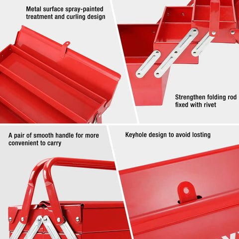 Heavy Duty 18 Inch Cantilever Tool Box With 5 Tray Foldout Organizer Metal Red Storage Case with handles and lock design