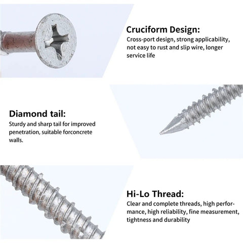 Close-up of 3/16 By 1-1/4 Inch 410 Stainless Steel Flat Head Tapcon Concrete Screws for Masonry Anchoring detailing cruciform design