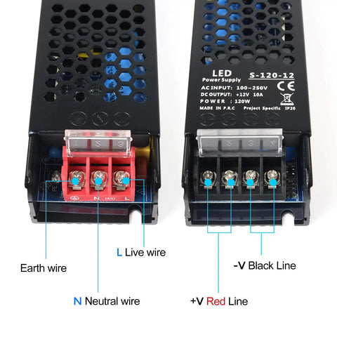 Front view of Beefy 12V 10A 120W Universal Regulated Switching Power Supply with labeled input and output terminals.