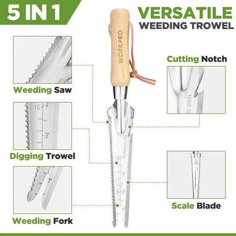 Five In One Garden Weeder Tool With Stainless Steel Head And Wooden Handle, labeled features, for versatile yard care.