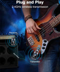 Musician using 2.4GHz Wireless Guitar System With 6 Channels And Rechargeable Transmitter Receiver on stage with bass guitar