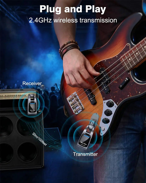 Musician using 2.4GHz Wireless Guitar System With 6 Channels And Rechargeable Transmitter Receiver on stage with bass guitar