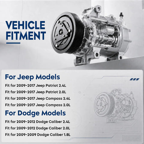 New AC Air Conditioning Compressor With Solid Clutch Assembly Direct Bolt In Cooling System Refresh For Jeep Compass And Patriot with vehicle fitment details.