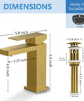Dimensions illustration of Brushed Gold Bathroom Faucet For One Hole Sink Go-To Brass Vanity Faucet With Pop-Up Drain Lead-Free