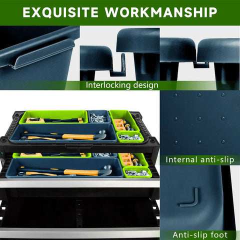 Heavy Duty Multi Size Tool Box Organizer Trays, Complete 60 Piece Drawer Sorter Kit, Blue And Green Plastic Bins, Solid Garage Workshop Storage To Keep Your Toolbox Looking Top Shelf