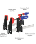 Badass Steel Bar Clamps 2 Pack With 6 Inch Opening And Two And A Half Inch Throat Holding Six Hundred Pounds Zero Slack For Serious Woodworking And Shop Jobs, featuring ergonomic handles and durable plastic jaw pads.