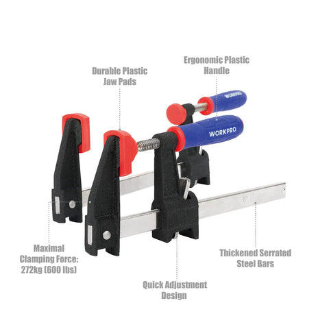 Badass Steel Bar Clamps 2 Pack With 6 Inch Opening And Two And A Half Inch Throat Holding Six Hundred Pounds Zero Slack For Serious Woodworking And Shop Jobs, featuring ergonomic handles and durable plastic jaw pads.