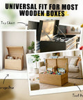 Two Pack Slow Close Toy Box Hinges With 15 Inch 150N Gas Springs For Heavy Lids shown on various wooden storage boxes