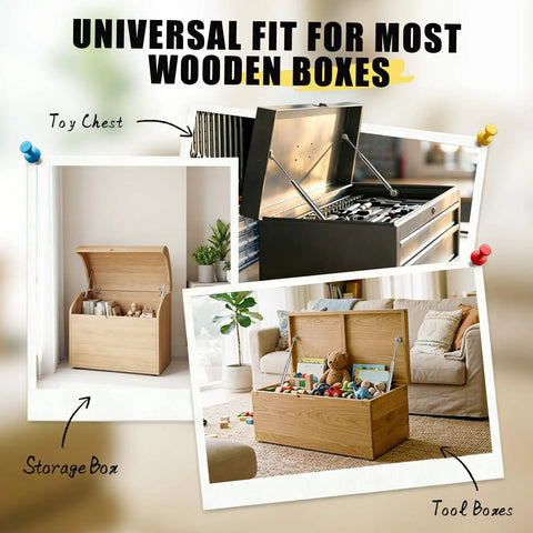 Two Pack Slow Close Toy Box Hinges With 15 Inch 150N Gas Springs For Heavy Lids shown on various wooden storage boxes
