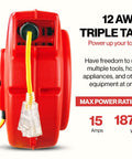 Close-up of Retractable Extension Cord Reel 80 Ft, 12 AWG Industrial Grade Cable with triple tap outlet and glow strip LED light.