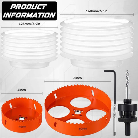 Otoolling orange 4in and 6in hole saw kit for recessed lights with 2 dust bowls, arbor, drill bit (Amazon)