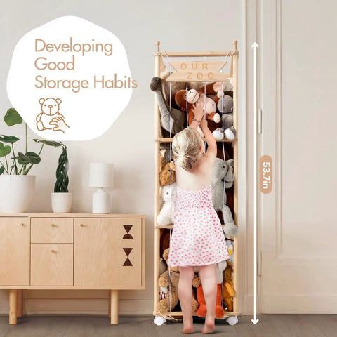 Child interacting with Vertical Plush Toy Organizer From Solid Pine Wood Space Saving Stuffed Animal Storage in a playroom