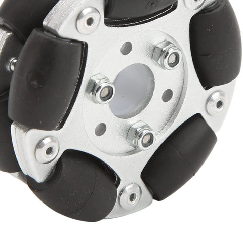 Close-up of 60mm robot omni wheel with aluminium alloy hub and six black rubber rollers