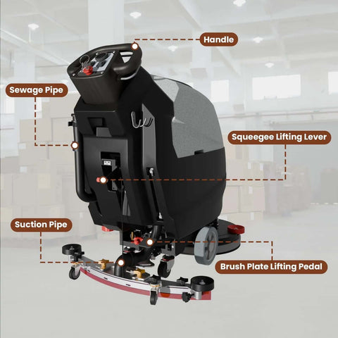 Back view of a 20 Inch Walk Behind Floor Scrubber with brush, lithium battery, 5 hour run time, and 13 gallon capacity in a warehouse setting.