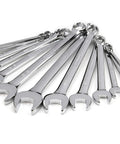SAE 13 Piece 6 Point Combination Wrench Set With Full Polish Chrome Finish Includes 1/4 5/16 3/8 7/16 1/2 9/16 5/8 11/16 3/4 13/16 7/8 15/16 And 1 Inch Sizes Durable Heat Treated Chrome Vanadium Steel Stamped Size Callouts displayed on white surface