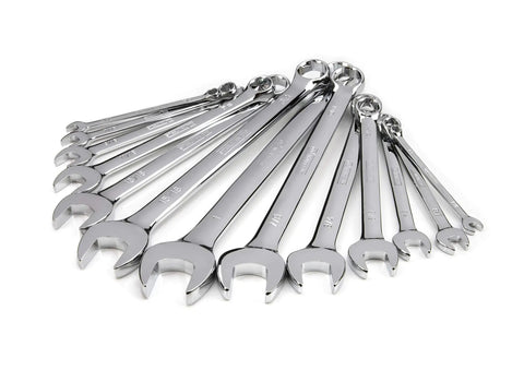 SAE 13 Piece 6 Point Combination Wrench Set With Full Polish Chrome Finish Includes 1/4 5/16 3/8 7/16 1/2 9/16 5/8 11/16 3/4 13/16 7/8 15/16 And 1 Inch Sizes Durable Heat Treated Chrome Vanadium Steel Stamped Size Callouts displayed on white surface