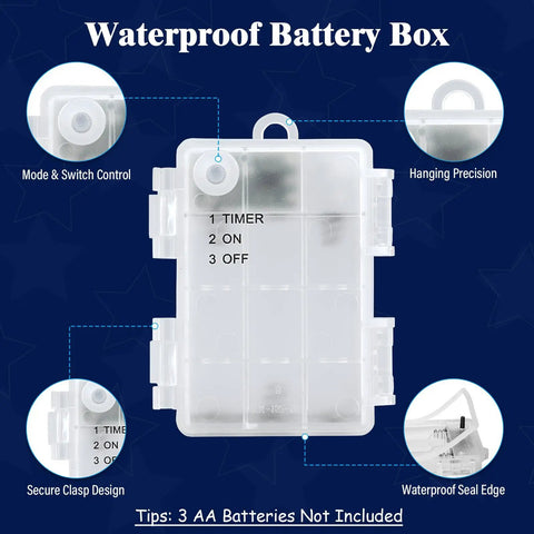 Red White and Blue Battery Operated Outdoor Lights With Timer About Ten Feet Long 30 LED Waterproof For Fourth Of July Independence Day Decorations Garland Patio Or Garden Party Decor Easy Setup waterproof battery box display